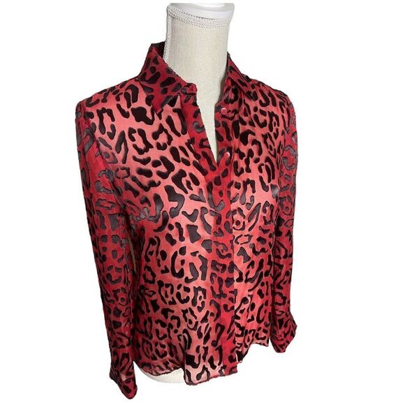 Alice + Olivia Red Willa Placket Leopard Burnout Blouse - Picture 10 of 15